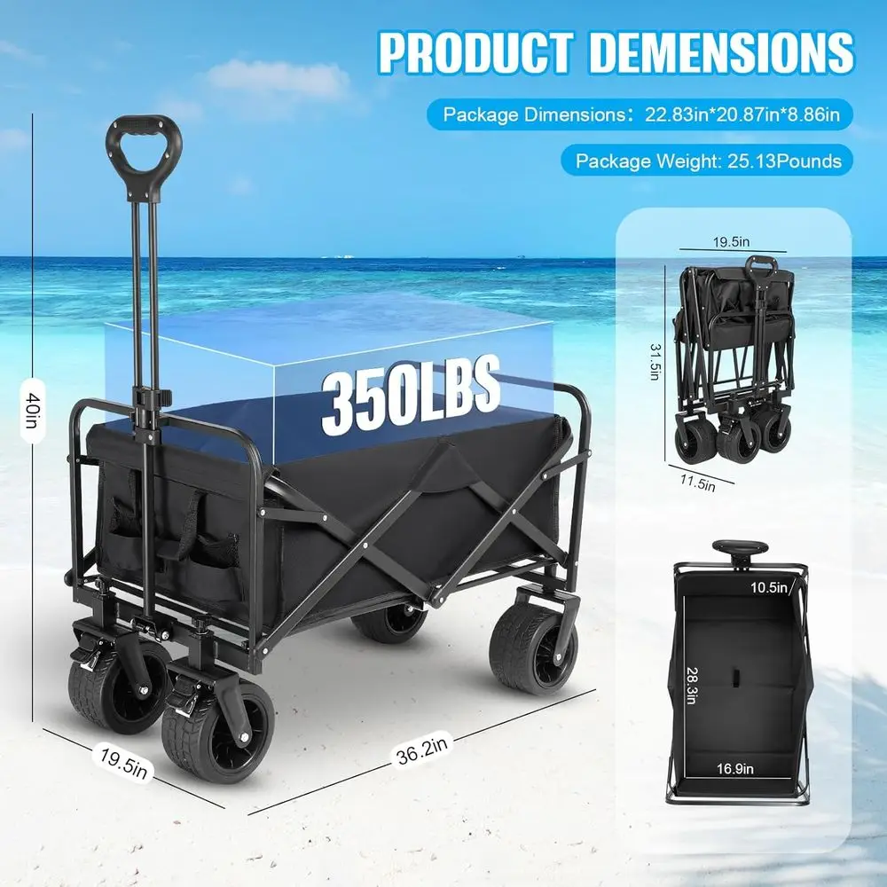 All-Terrain Foldable Wagon with Large Wheels, Utility Cart for Beach, Camping, and Outdoor Activities (Black)