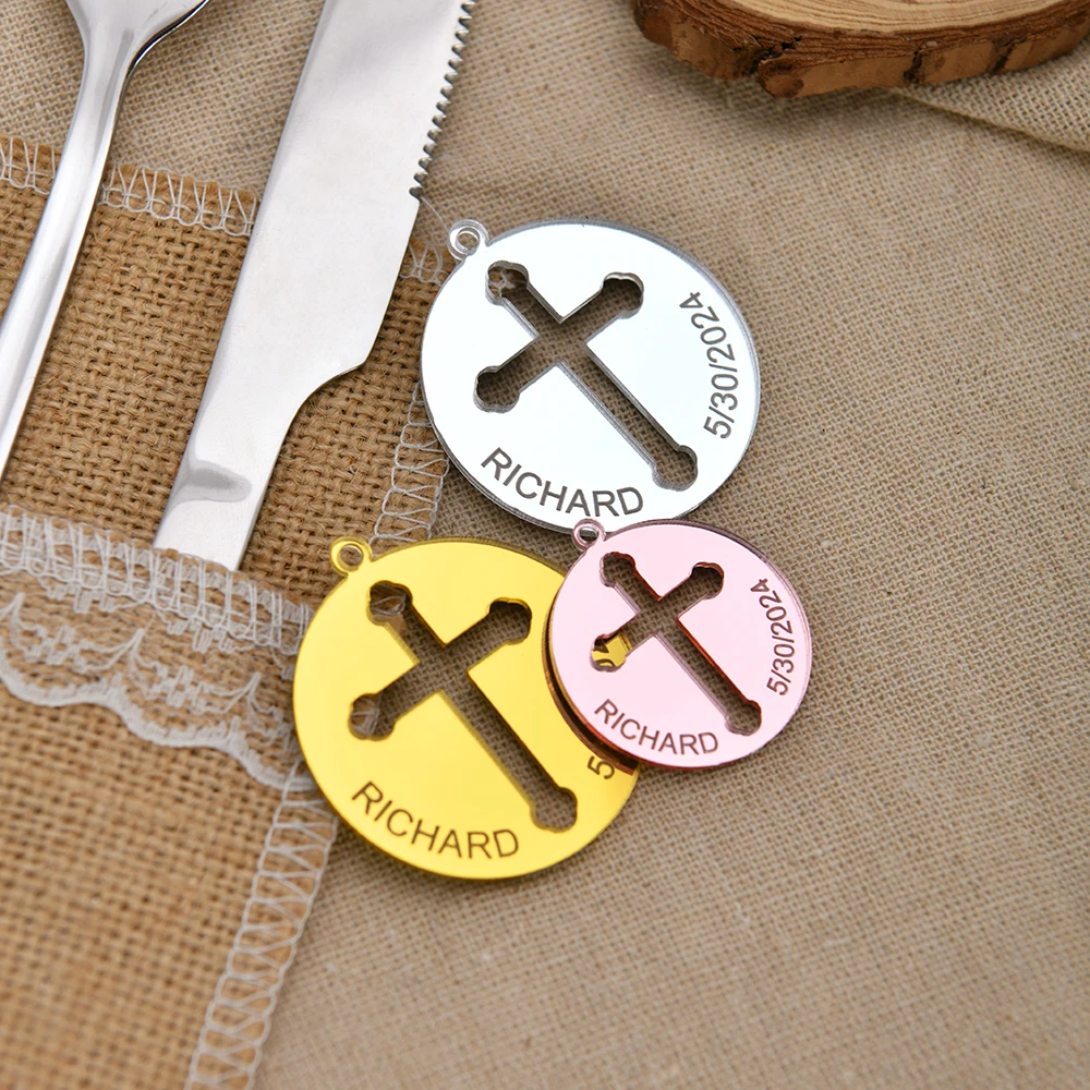

Personalized Acrylic Logo for Baby Baptism Decoration, Circle of Cross, Mirror, Custom Gift