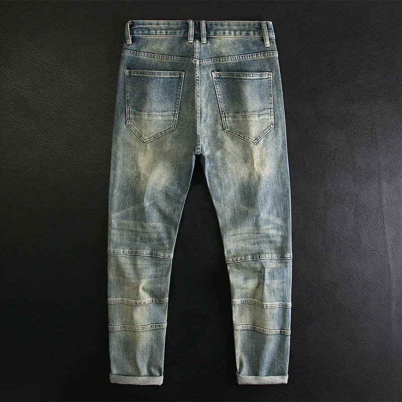 High Street Patchwork Vintage Jeans for Men, Trendy Motorcycle Style, High-End Street Washed Distressed Slim Fit Skinny Pants