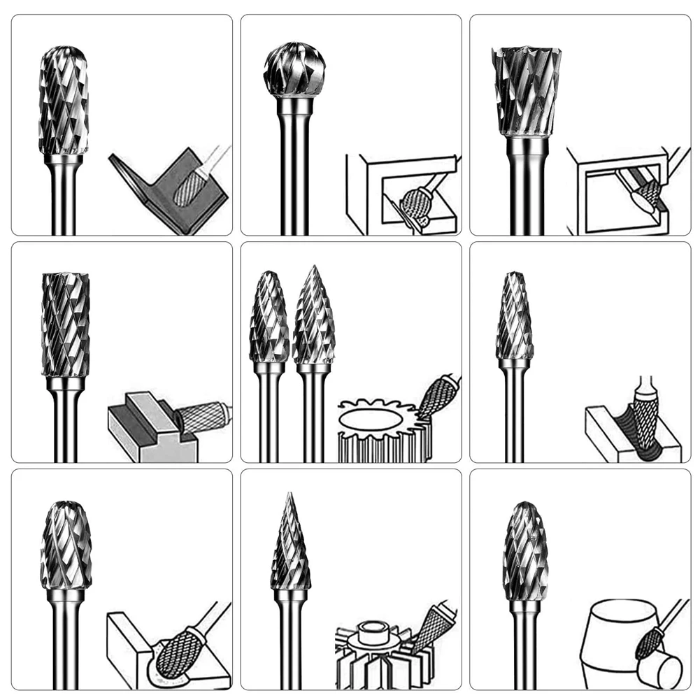 Double Cut Carbide Rotary Burr Set 20Pcs Die Grinder Bits 1/8 inch Shank Tungsten Carbide Cutting Burrs for Wood Working