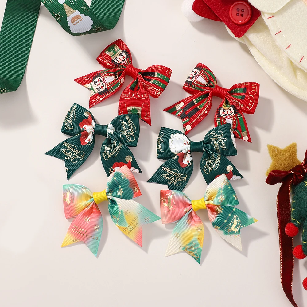 6 個クリスマスヘアクリップセット女の子のためのサンタクロースプリント弓ヘアピン帽子ヘアアクセサリーギフト新しい帽子