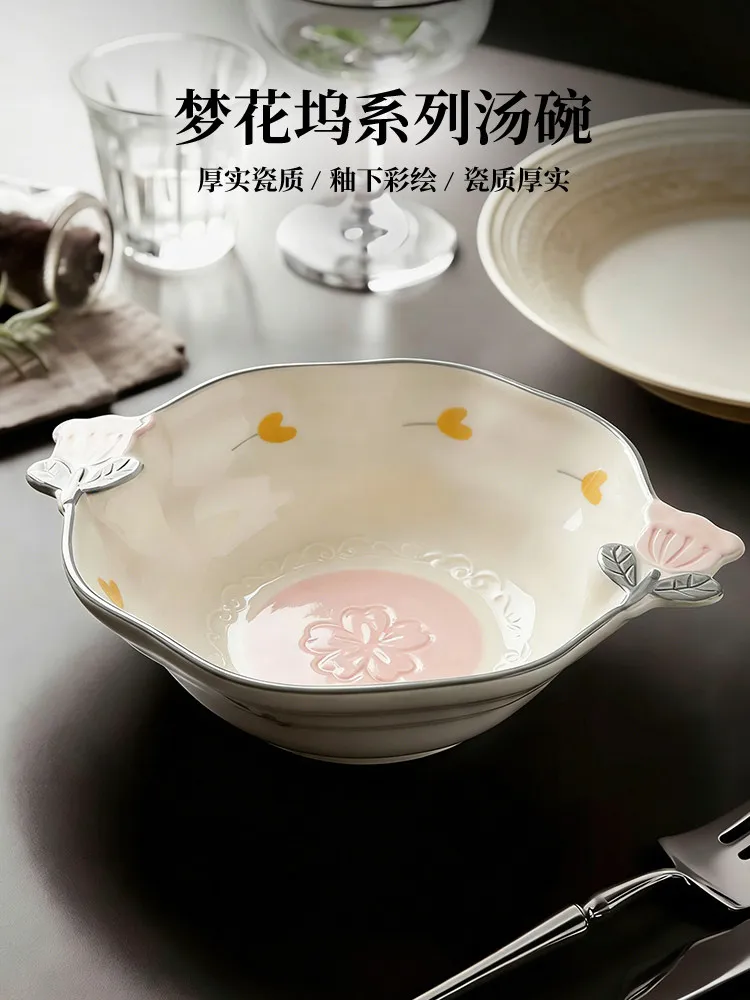 Tazón de cerámica coreano de 10 pulgadas para fideos instantáneos, de gran capacidad, con doble asa, para el hogar, con diseño de bloques de color bajo esmalte, vajilla.