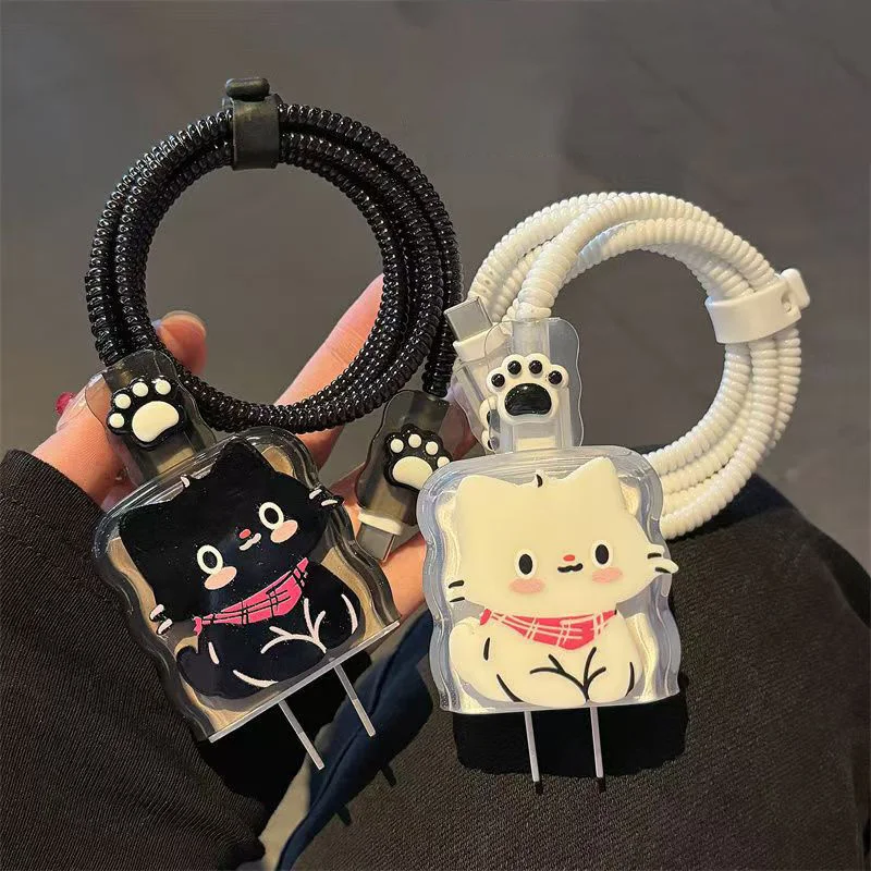 Cute Cat Silicone Charger Cable Protector Case Cover For iPhone 17 20W 18W Charging Head Protection Sleeve Data Cable Organiser