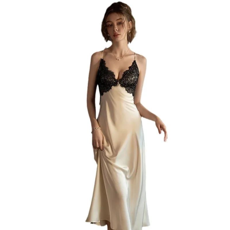 

Sexy Female Long Robe Nightgown Set Kimono Bathrobe Gown Patchwork Lace Suspender Night Dress Sleepwear Loose Satin Homewear