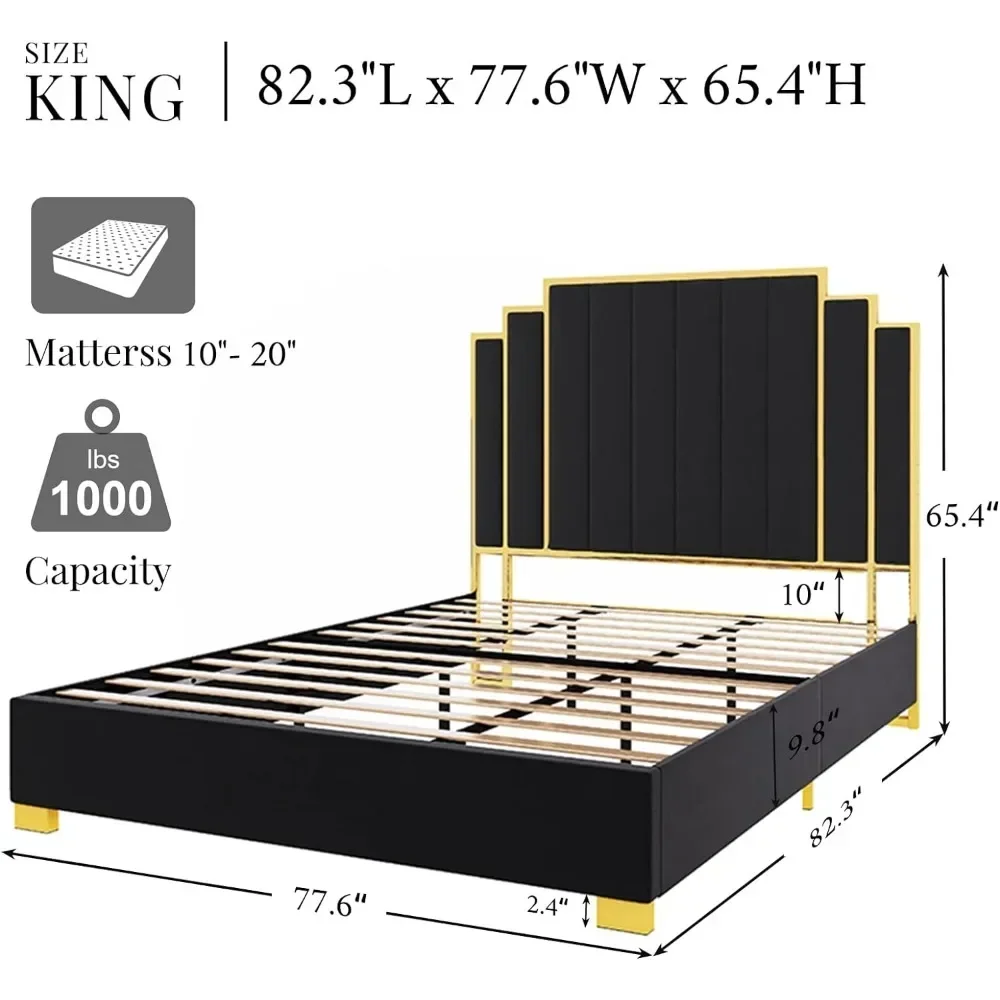 Rangka Tempat Tidur Platform Ukuran King, Tempat Tidur Berlapis Beludru 65" dengan Headboard Trim Emas/Bilah Kayu