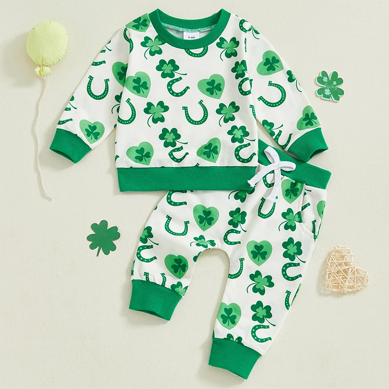 Conjunto de dos piezas con estampado de trébol verde, acogedor suéter con cuello redondo y pantalones de chándal a juego, traje del día de San Patricio para niños pequeños