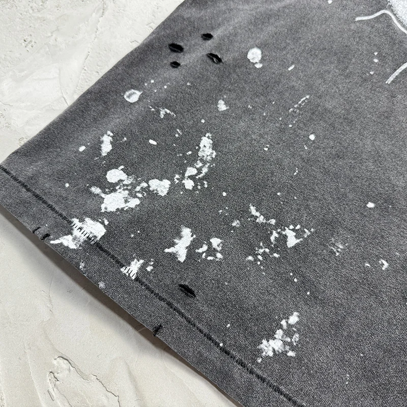 الهيب هوب الرسومات طباعة خمر غسلها الأسود التالفة حفرة سانت تي شيرت الرجال النساء 100% القطن رش الحبر تي شيرت المتضخم المحملة #6