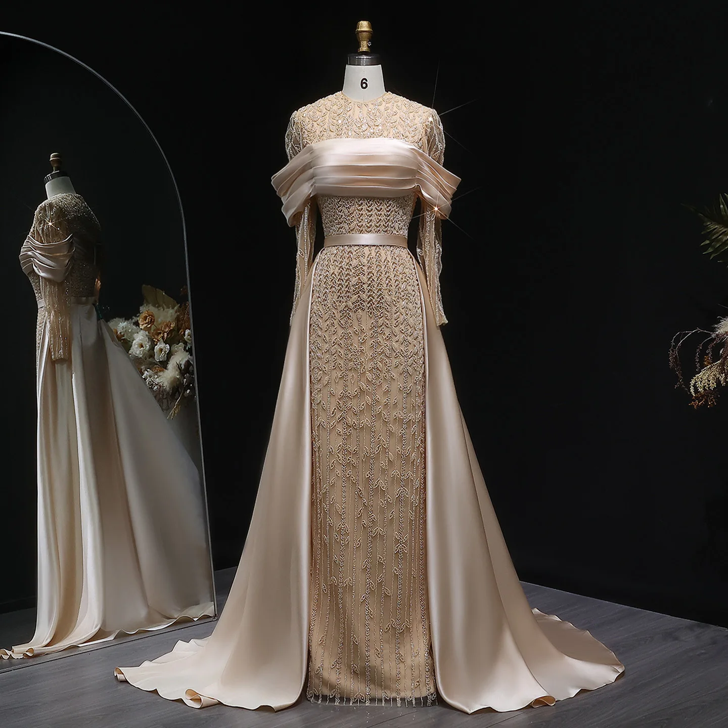 

Sharon Said Long Sleeves Champagne Evening Dress with Overskirt Muslim Luxury 2025 Wedding Formal Party Gowns SS253 Customized