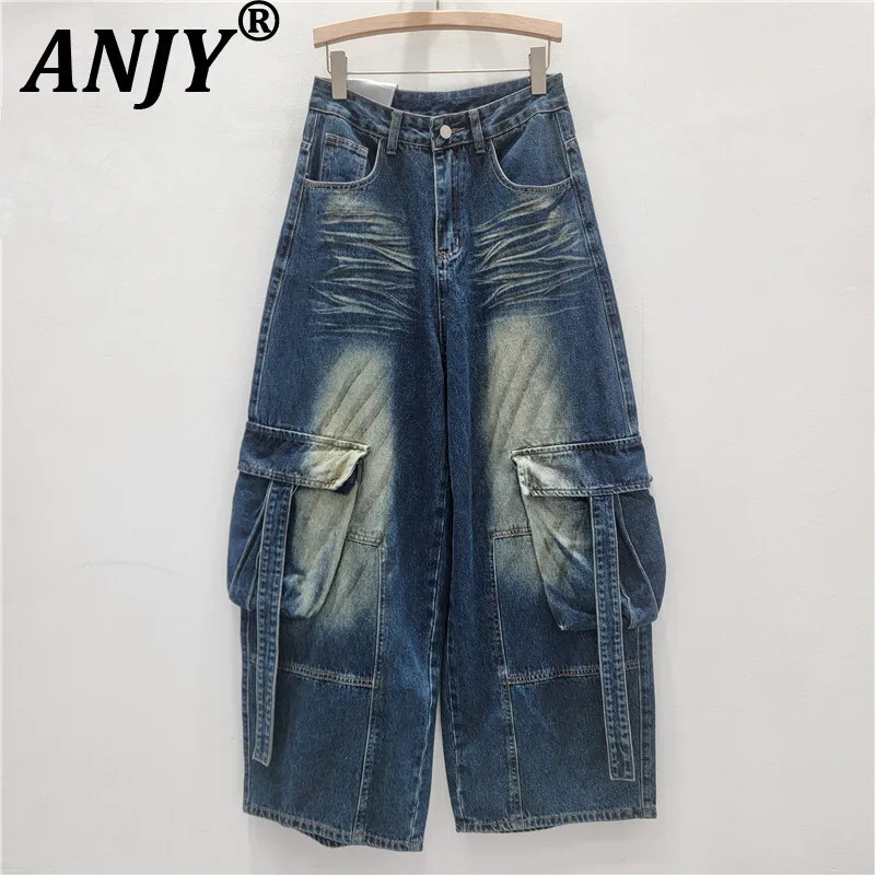 

ANJY 2022, осенние новые женские нишевые трендовые джинсы с большими карманами, популярные уличные потертые широкие джинсовые брюки-карго для девочек A14308