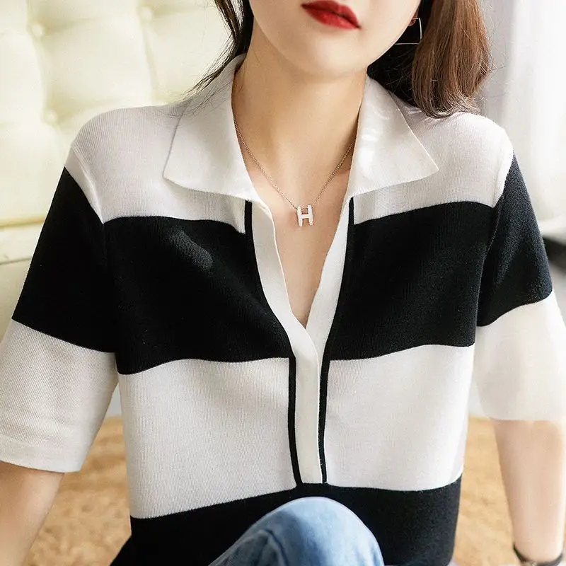 Temperament Sweet SummerT-Shirts Women's POLO Collar Striped Contrast Color Patchwork Fashion Casual Loose Short Sleeve Knit Top image 2