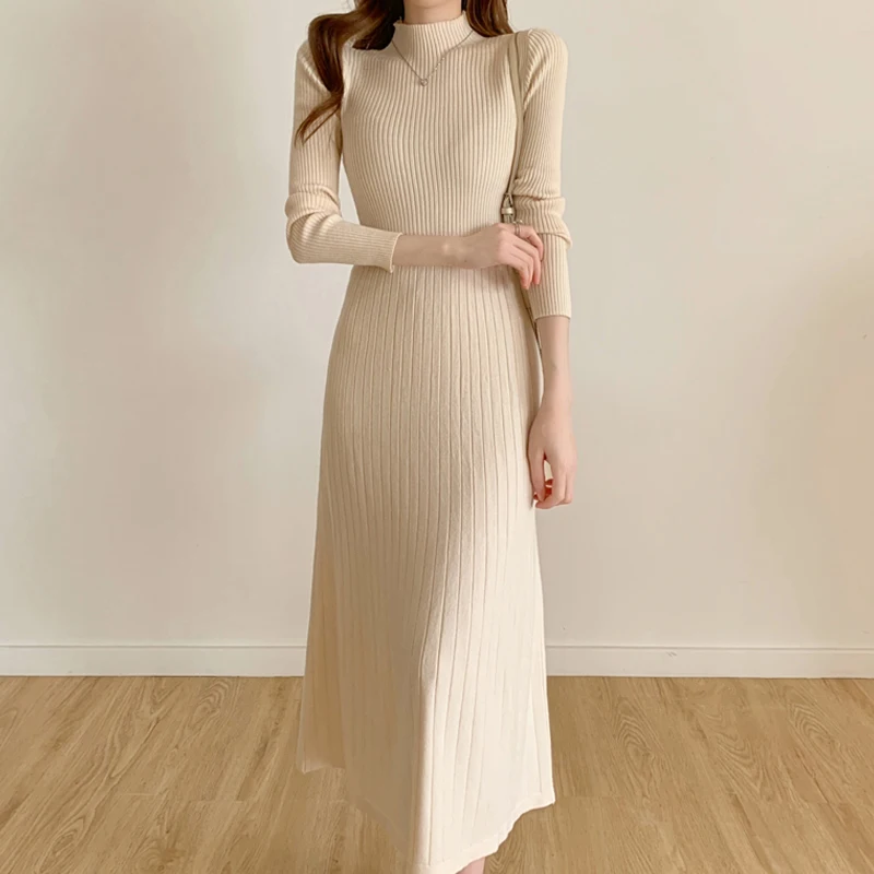 Autumn Winter 2024 Slim Long Sleeve Party Midi Dress for Women Knitted Half High Collar Elegant Knitted Sweater Dresses Ladies