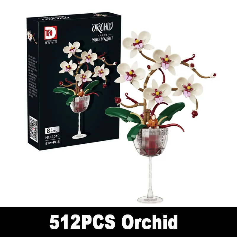 

512 Pcs Red Wine Cup Orchid Building Blocks Potted Plants Bouquet Home Decor Bricks Educational Construction Toys for Girls