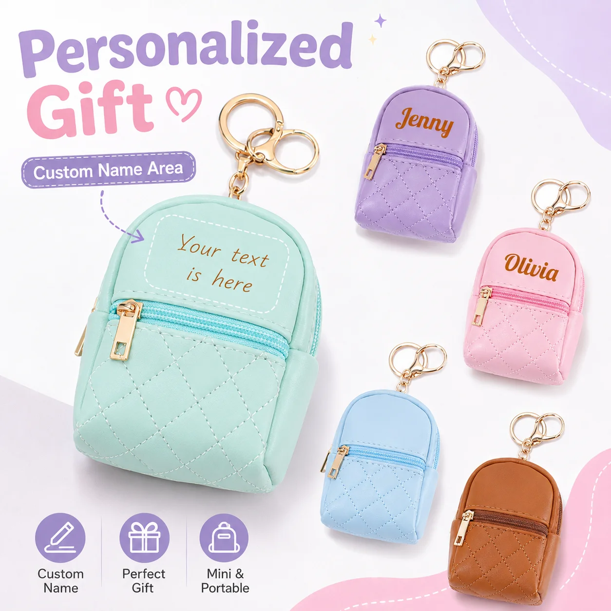 Custom Text Keychain Mini Coin Purse Customized Name Key Chain Laser Engraving Portable Gift Personalized Name Storage Bag