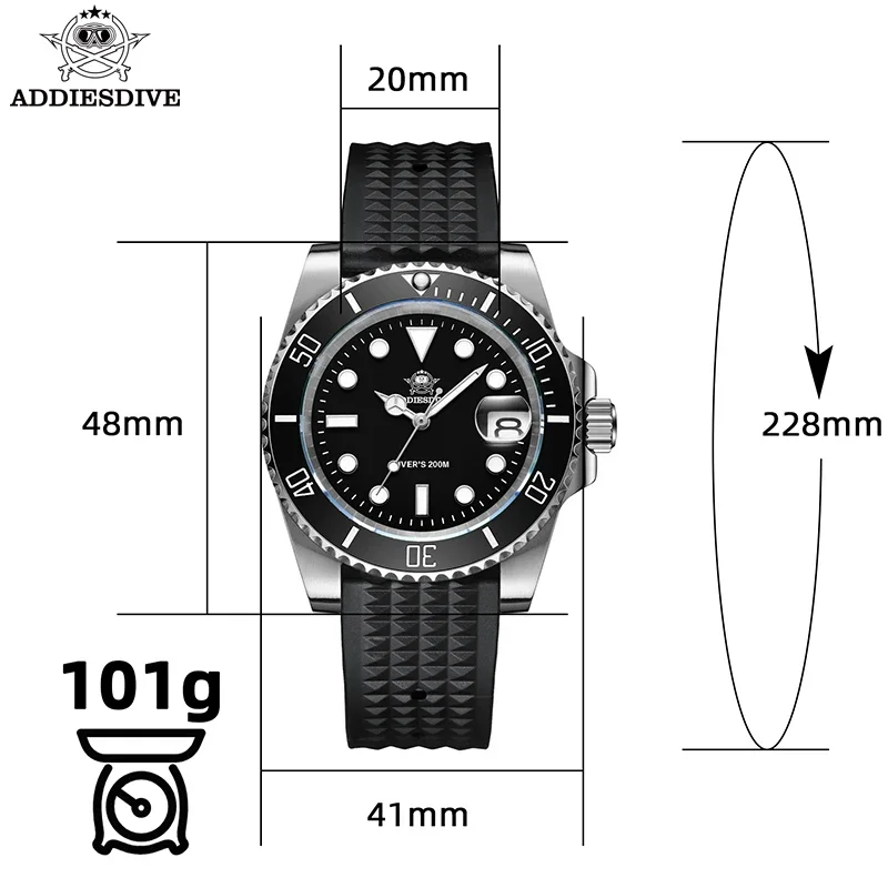 ADDIESDIVE Business Men\'s Quartz Watch Stainless Steel 200M Diving Waterproof Watches Super Luminous Calendar Display Wristwatch