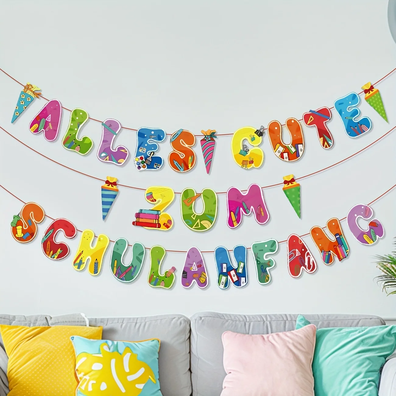 Einschultriebs-Deko SCHULANANG Girlande Schulter-Deko für Schulkind Mädchen und Junge Zuckertüte ABC 123, Schultag zum Aufhängen