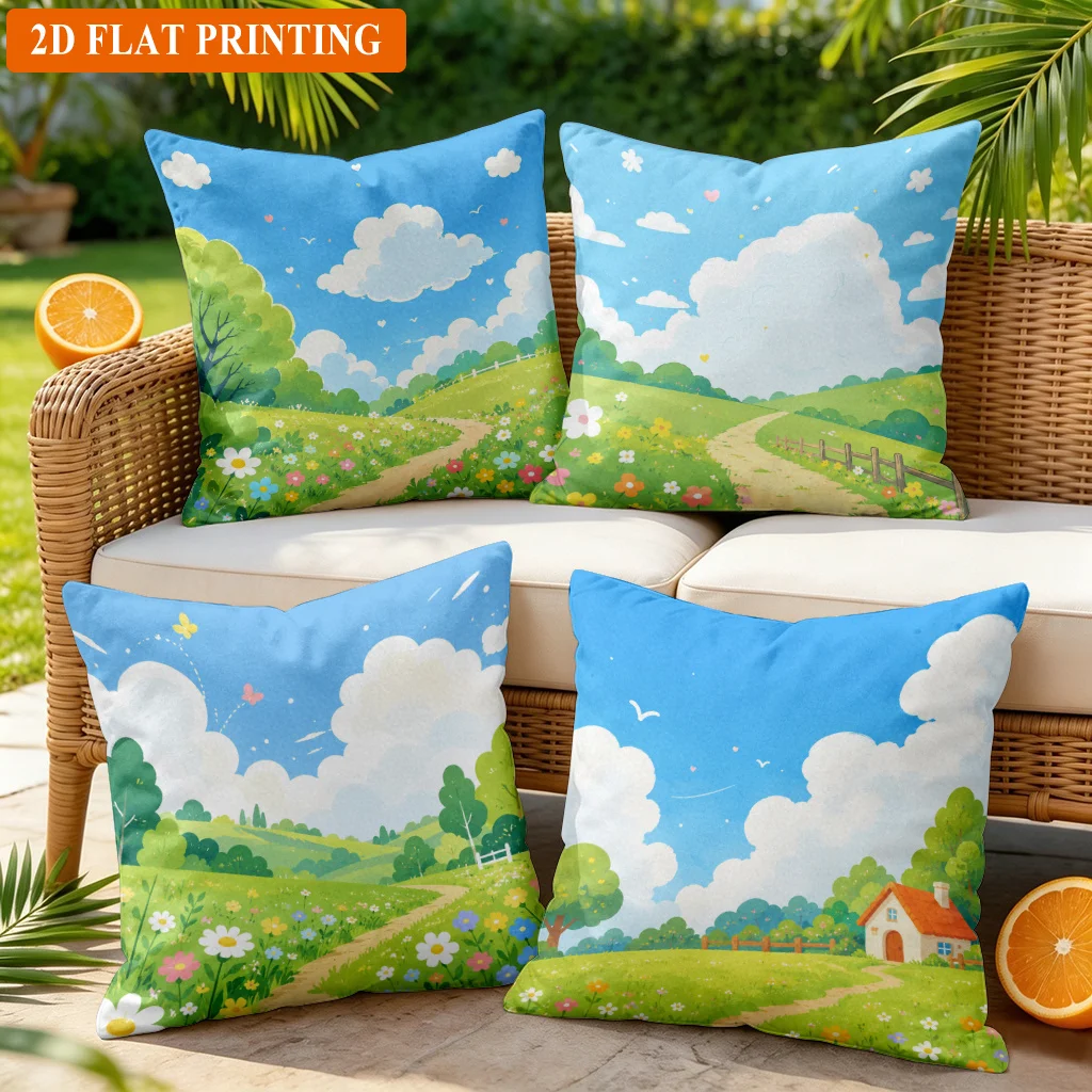 Decorative Cottagecore Pillowcase Throw Pillow Nature Landscape Print Cushions Spring Floral Meadow Decor for Living Room Home