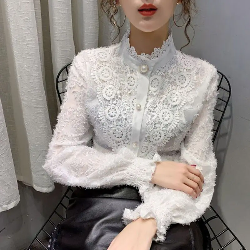 Women Korean Fashion Sexy Lace Beaded Button Shirts Vintage Elegant Stand Collar Blouse Black White Long Sleeve Slim Tops Blusas