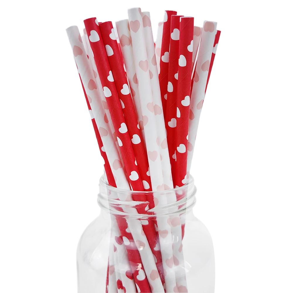 100/200/300Pcs Valentine Party Biodegradable Drinking Straws Red Love Heart Party Paper Straws Valentine's Day Wedding Decors