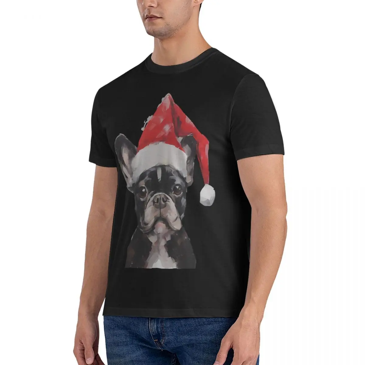 French Bulldog Christmas Art T Shirt for Men Pure Cotton Leisure T-Shirts Round Collar Bulldog Tee Shirt Short Sleeve Tops