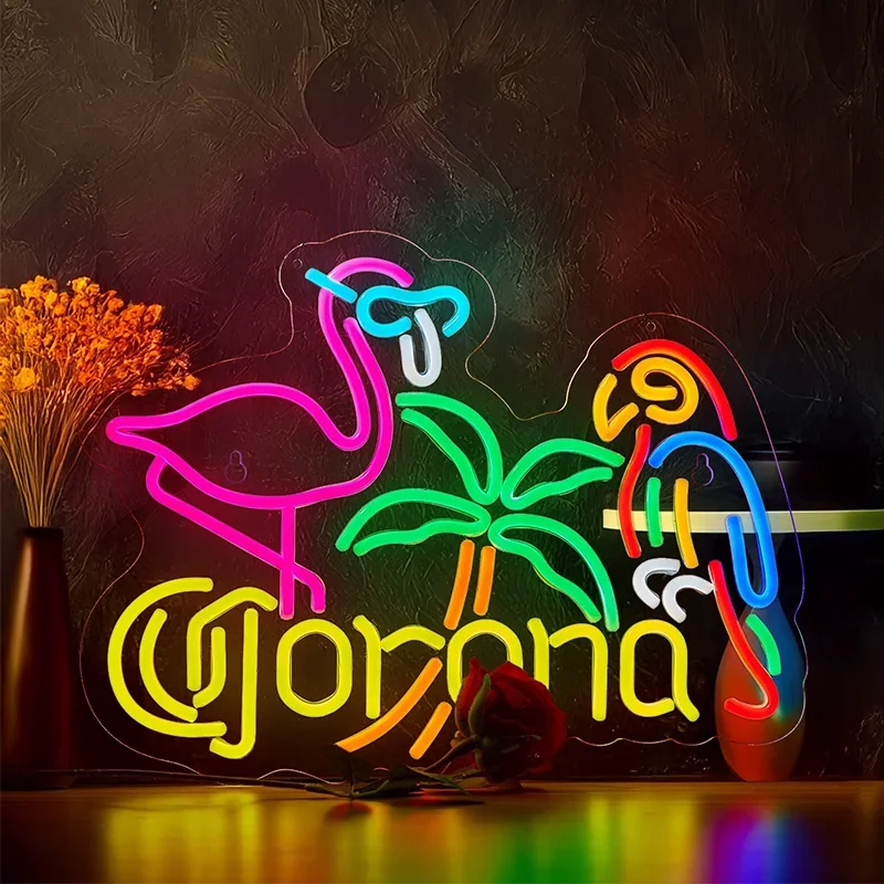 Parrot Neon Sign Led Dimmable Palm Tree Sun Neon Light Wall Hanging Decor for Man Cave Bar Beer Garage USB Powered Neon Art Sign
