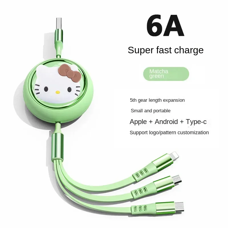 サンリオ キュート ハローキティ 格納式 マルチ 6A 急速USB充電ケーブル 3in1 USB充電ケーブル iPhone/Android対応