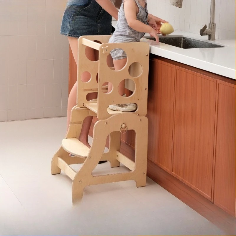 Wooden Children's Wash Stool Montessori Learning Tower with Blackboard Children's Study Bench Step Height Booster Wash Stool