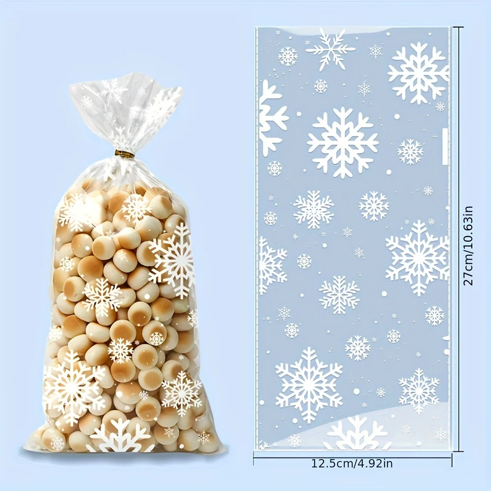 50pcs  Snowflake Design Clear OPP Plastic Gift Bags for New Year,Simple Versatile White Snowflake Party Favor Packaging