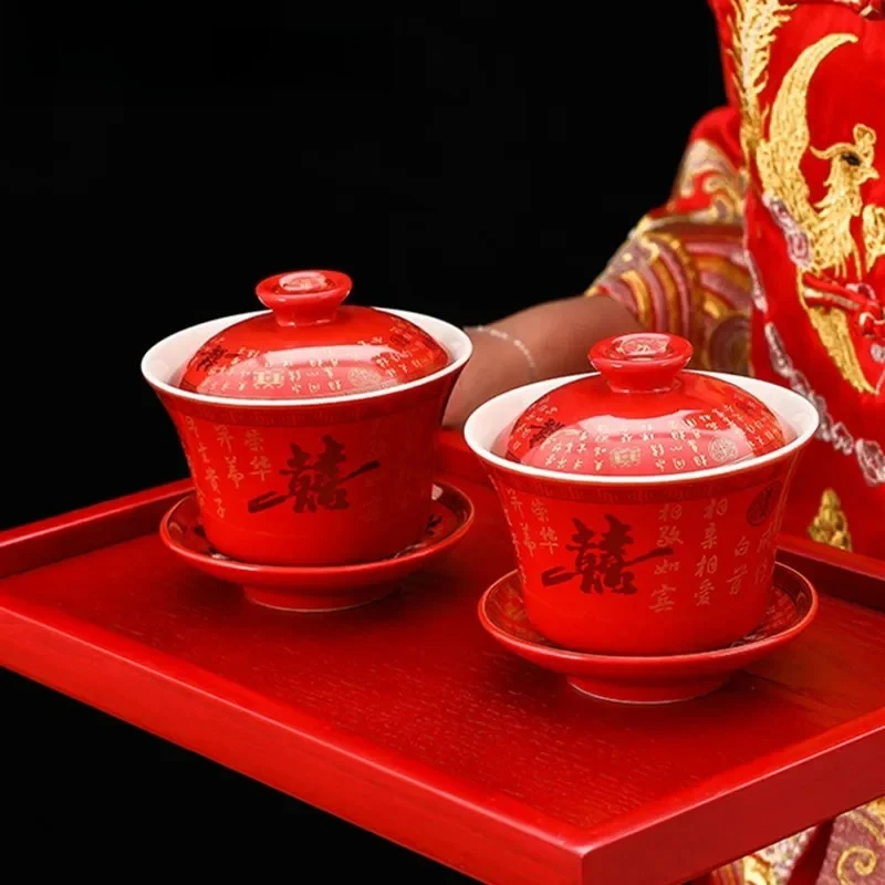 

For 2pcs Chinese Ceramic Tea Tureen Handmade Boutique Gaiwan Tea Bowl Red Teaware Supplies Portable With Lid Teacup Wedding Tea