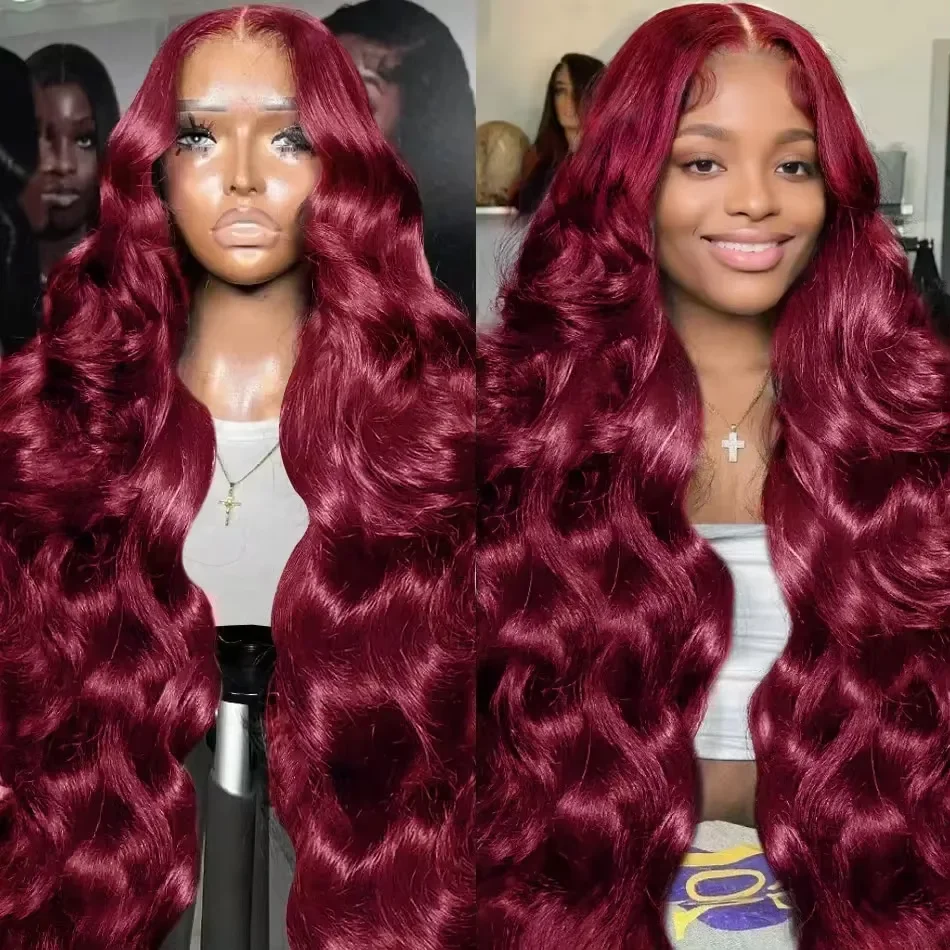 34 36 Inches 99j Burgundy Lace Front Wigs Human Hair Body Wave Red 13x4 13x6 HD Transparent Lace Frontal Wigs  200 Density Wine