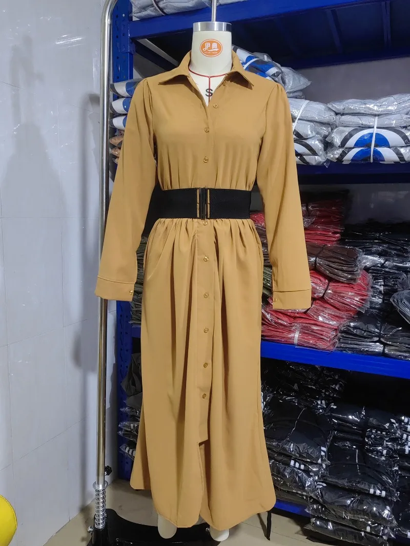 Sukienka maxi w stylu klasycznym DSMTRC, seksowna, elegancka, modna, z wysokim stanem, kołnierzykiem, idealna na imprezy klubowe, długa sukienka damska, koszula, szata.