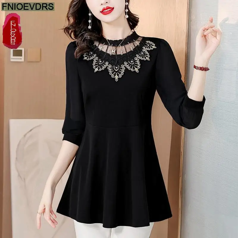 M-4XL New Year Hot Women Autumn Elegant Office Lady Casual Basic Shirts Retro Vintage Black Ruffles Embroidery Peplum Top Blouse