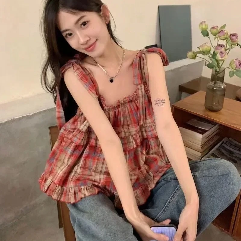 Girly Y2k Crop Top Homemade Summer New Japan Style Vintage Sweet Spicy Fungus Edge Lace Up Green Plaid Strap Tank Top for Women