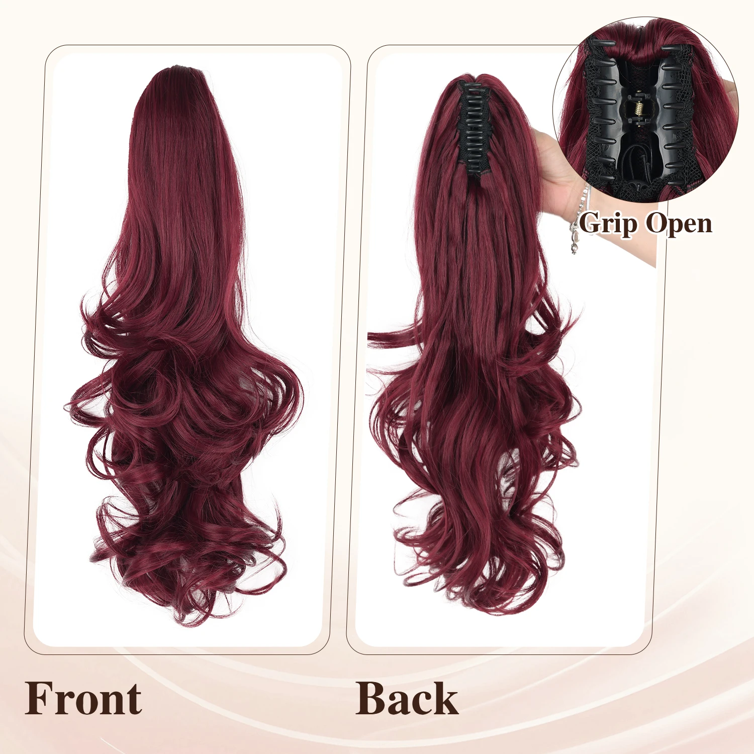 Claw Ponytail Extensions 20inch Wavy Clip Claw Ponytail Hair Synthetic Burg hairpieces for Women Ladies Daily Party Holiday view 3