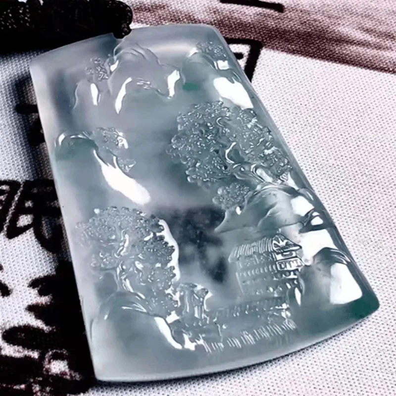Jadeite landscape , ice-clear translucent , Burmese jade, unisex , 