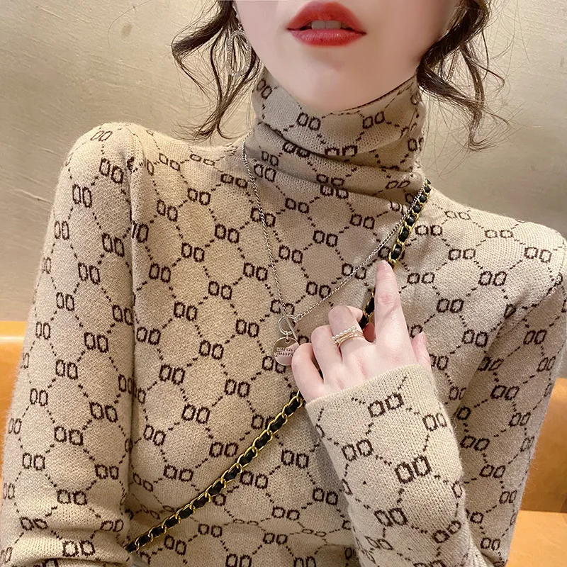 

Autumn Winter New Vintage All-match Long Sleeve Half High Collar Sweaters Women Clothing Fashion Slim Geometric Knitted Pullover