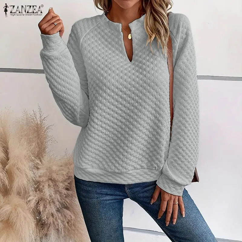 ファッションプルオーバー ZANZEA 女性秋スウェット V ネック長袖固体ジャンパー 2026 カジュアルルーズ女性ストリートトップス