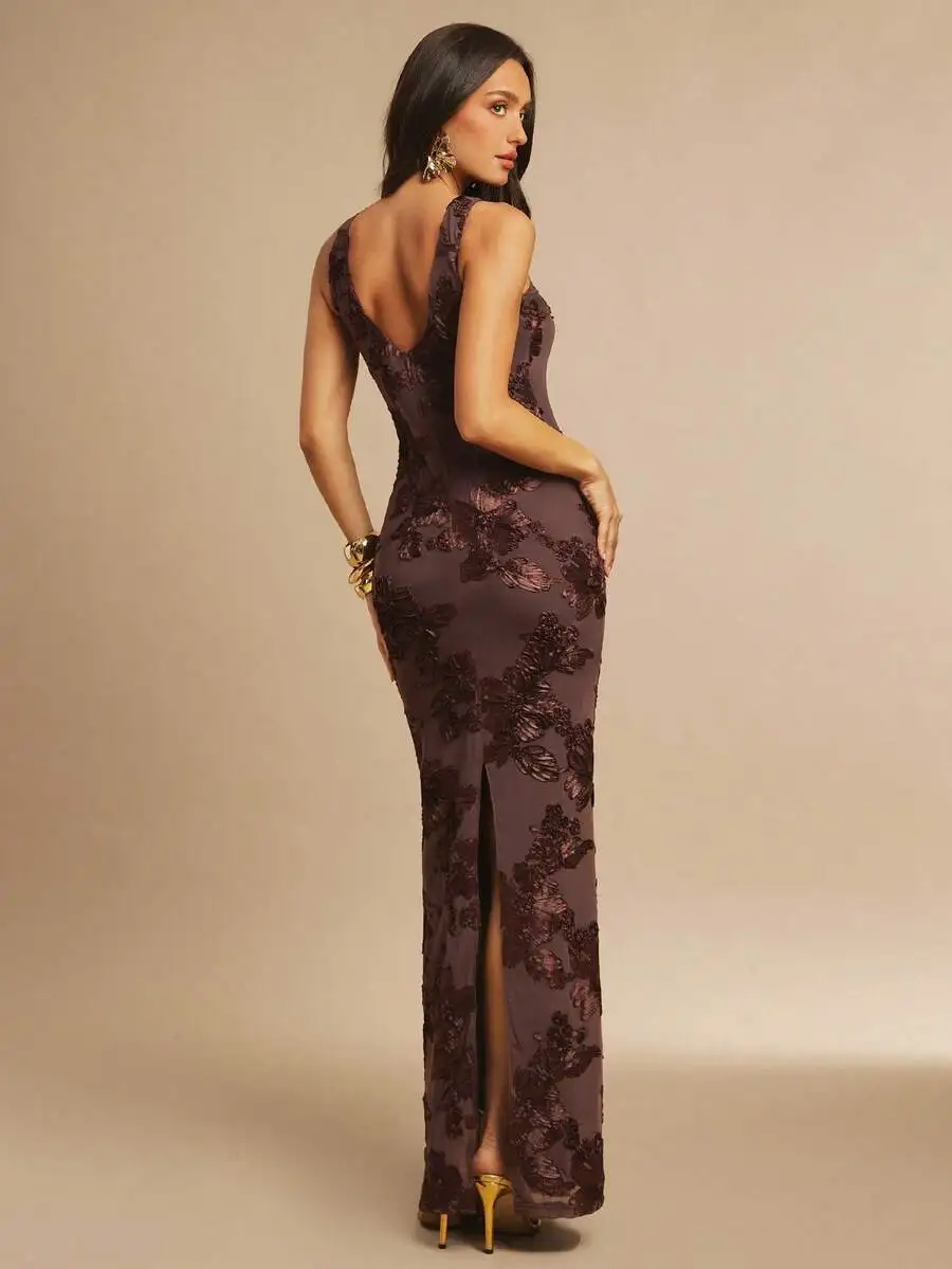 

Elegant Chocolate Brown Floral Embroidered Maxi Dress With Backless Design And Side Slit For Evening Events