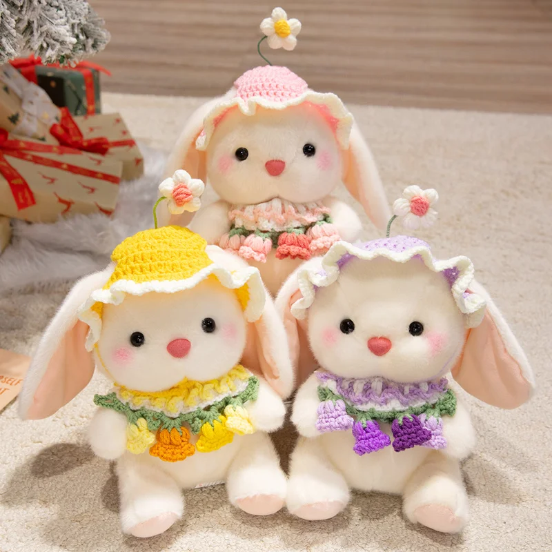 

Spring New Princess Bunny Plush Toys Stuffed Cute Cartoon Little Rabbit Doll Detachable Knitting Flower Scarf Toys Sweet Gift