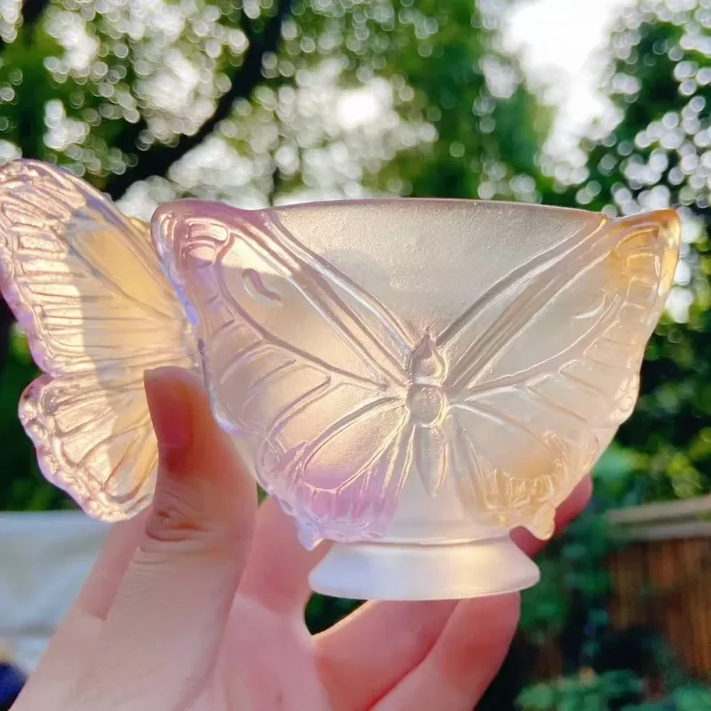 Vintage Amber Purple Gradient Glass Cup with Butterfly Pattern and Coaster Elegant Gift Set for Tea Coffee Drinking Home
