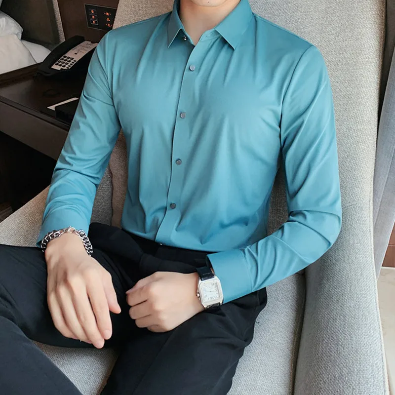 

Men Spring High Quality Business Shirts/Male Slim Fit Solid Color Ice silk With Long Sleeves Shirts/Man Casual Dress Shirts