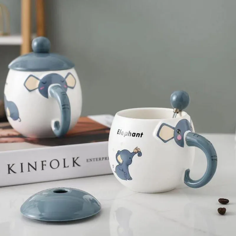 Ceramic Cartoon Elephant Handgrip Cup Coffee Mug Breakfast Milk Mug with A Spoon Office Household Kitchen Drinkware 400ml