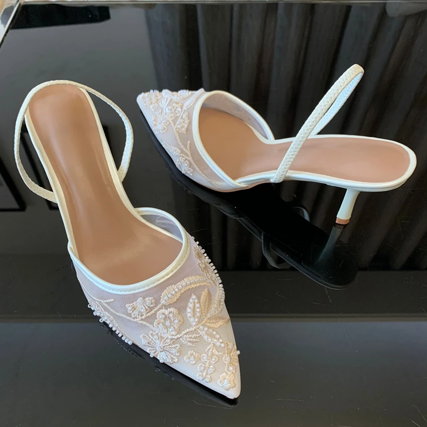 Brand Designer Mesh Embroidered White Women's High Heels Flower Straps Sexy Bareback High Heels Dress Women's Wedding Shoes view 2