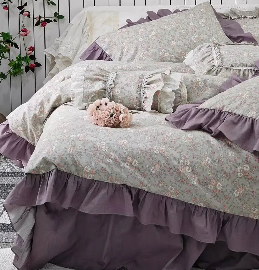 

Pastoral purple floral bedding set,full queen king vintage ruffled rustic cotton home textile bedspread pillow case duvet cover