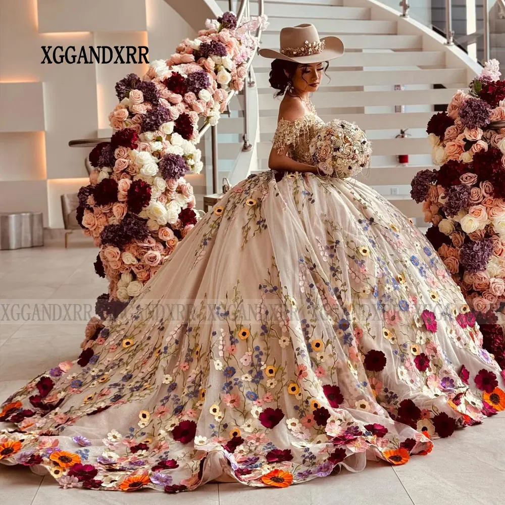 XGGandXRR Champagne Princess Quinceanera Dresses 2024 3D Floral Ball Gown Sweet 16 Dress Vestidos De 15 Anos Quinceañera Pageant