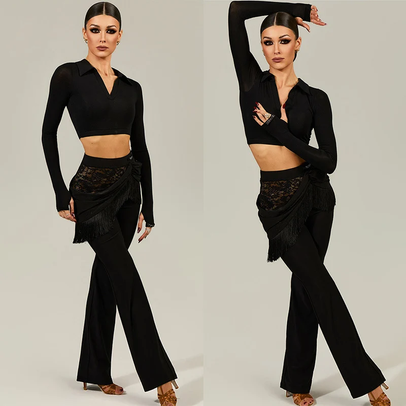 

Черные кружевные брюки с драпировкой и бахромой для латиноамериканских танцев, женские топы с длинными рукавами для тренировок, одежда для выступлений по ча-ча-ча и бальным танцам для взрослых