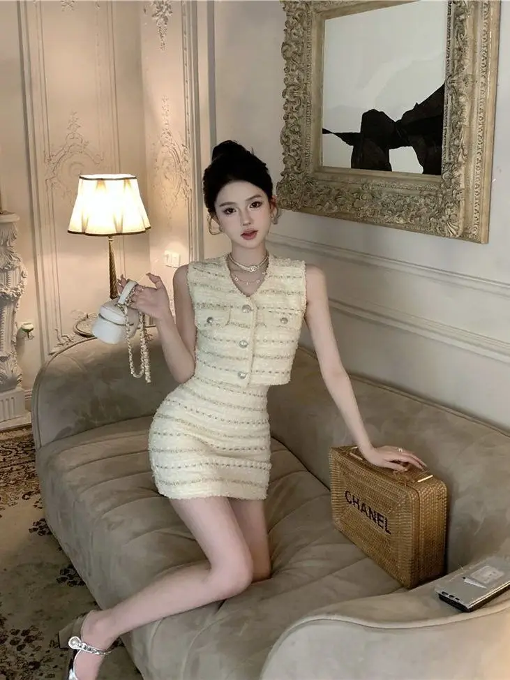 2022 zomer tweed tweedelige set voor dames vintage mouwloos vest top en midi rok outfit elegante chique stijl met klassieke vibes