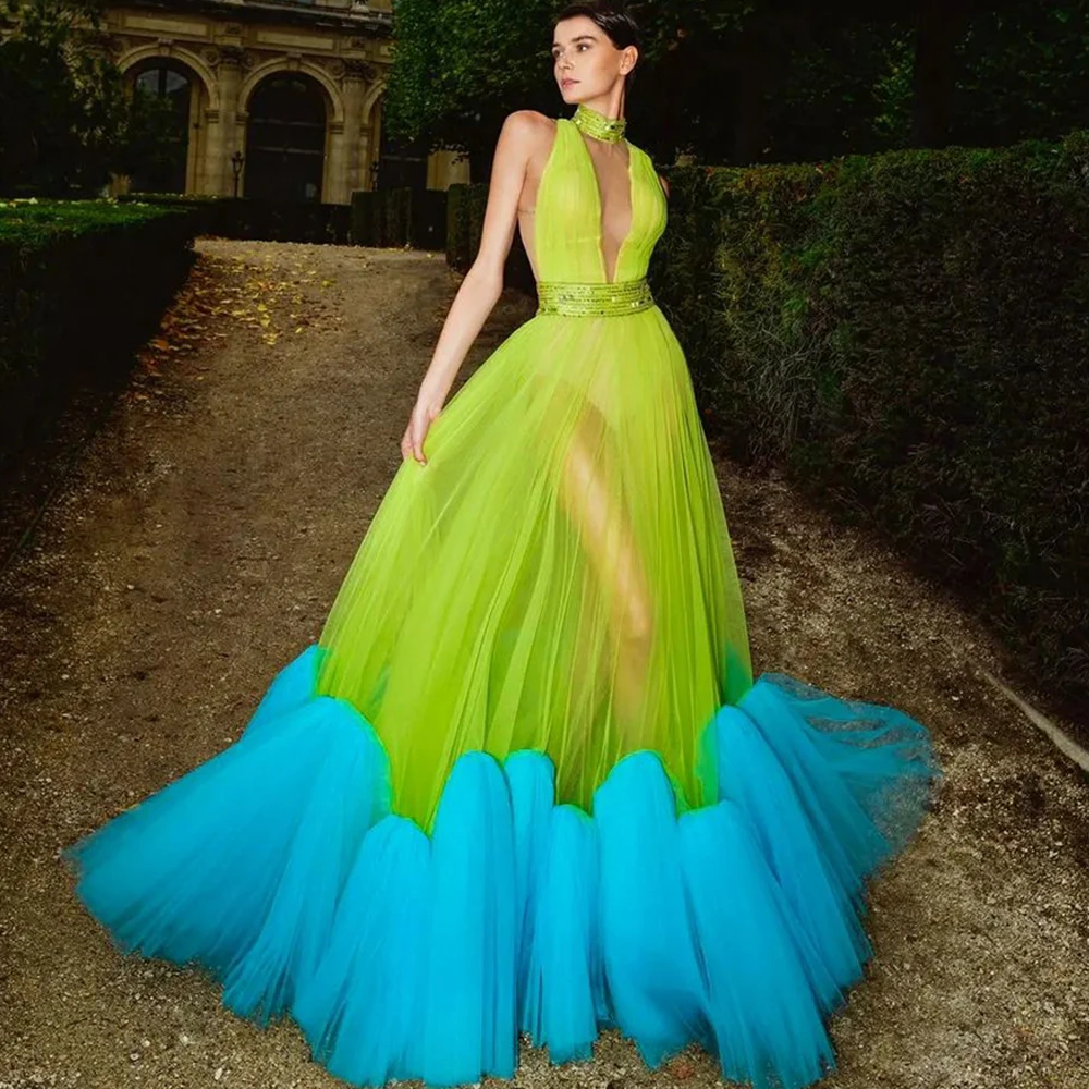 

Fluorescent Green Blue Prom Gowns Sexy Transparent Party Dresses 3D Floral Applique Back Off Shoulder Lush Beaded Evening Gowns