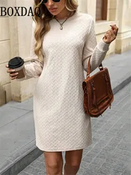 Womens Autumn Winter Solid Pullover Straight Dress Fashion O-Neck Long Sleeved Short Dress Casual Ladies Mini Dresses Vestidos