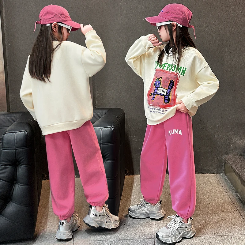 2026 New Spring Autumn Children Sweatshirt Pants Clothing Set for Tween Girls Sportswear Cartoon Cat Tracksuit for 4 To 14Years