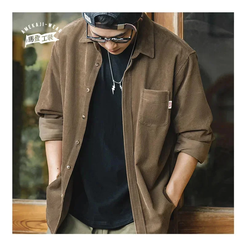 

Maden Men's Shirt Casual Corduroy Long Sleeve Shirts Slim Fit Overcoat Fall Fleece Jacket Clothing Retro Fashion Blouses